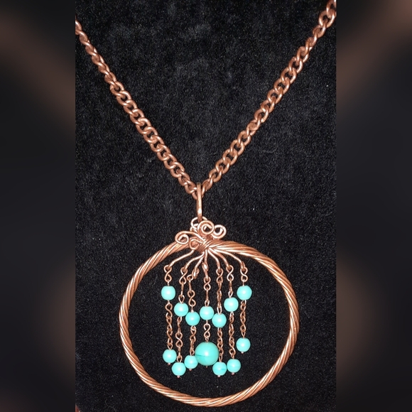 Vintage Jewelry - Artisan copper beaded wire pendant and necklace turquoise color beads